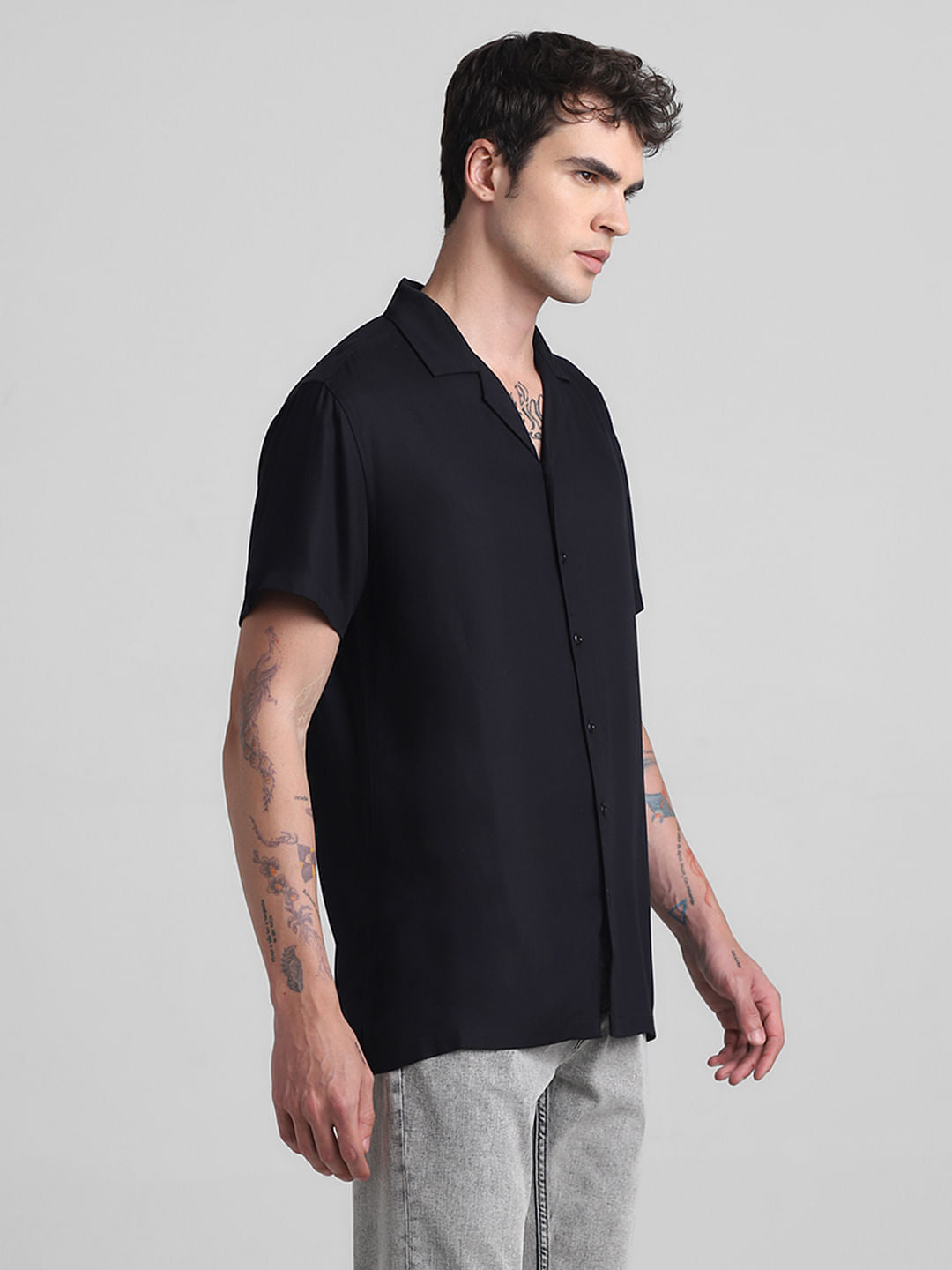 Black Cotton Short Sleeves Shirt