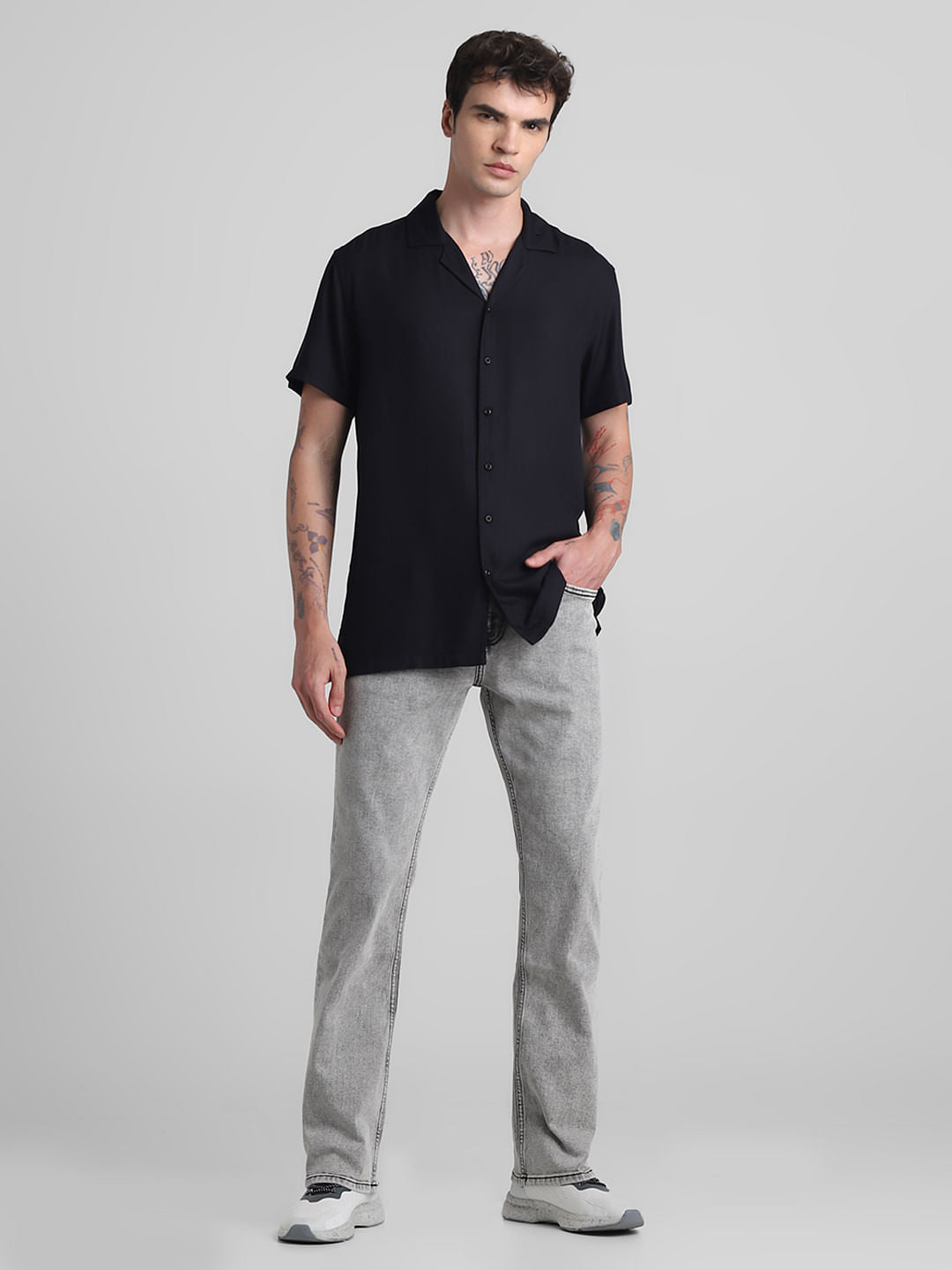 Black Cotton Short Sleeves Shirt