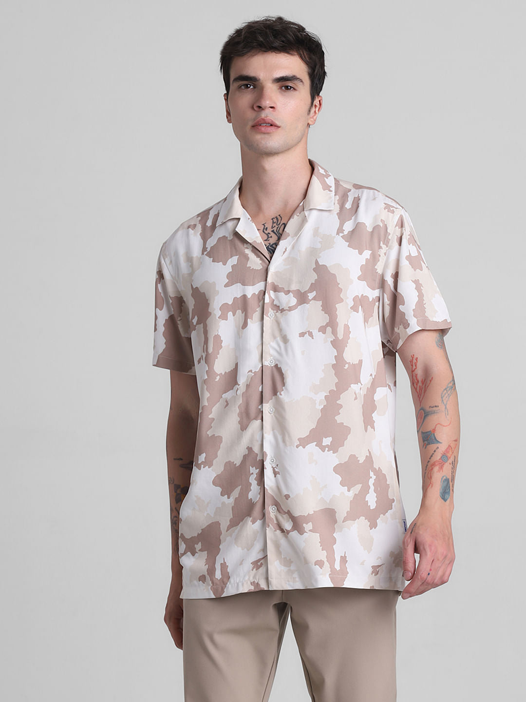 Beige Camo Print Short Sleeves Shirt