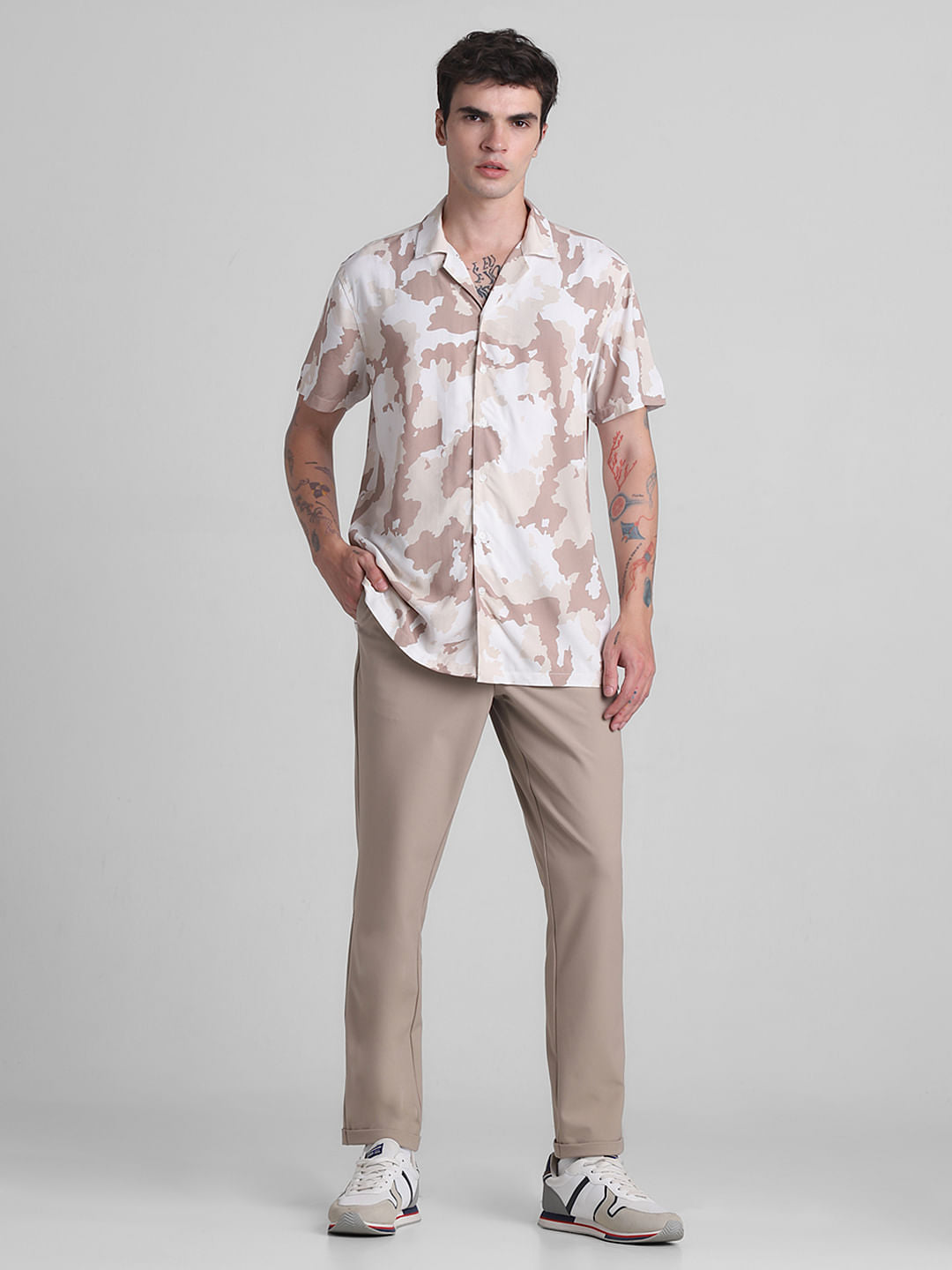 Beige Camo Print Short Sleeves Shirt