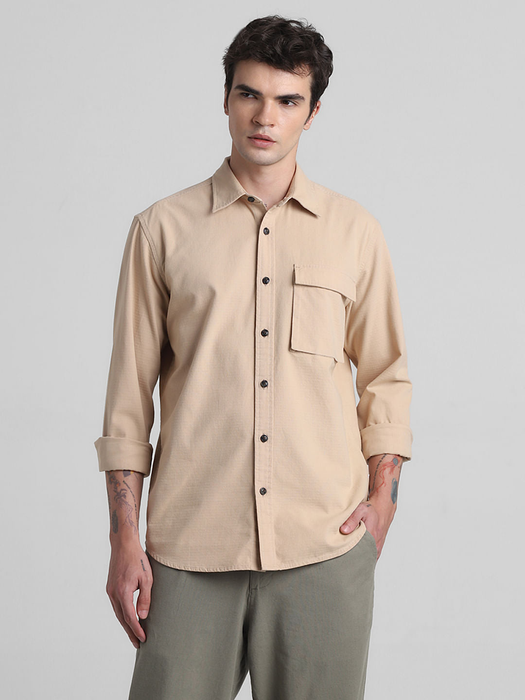 Light Brown Cotton Full Sleeves Shirt