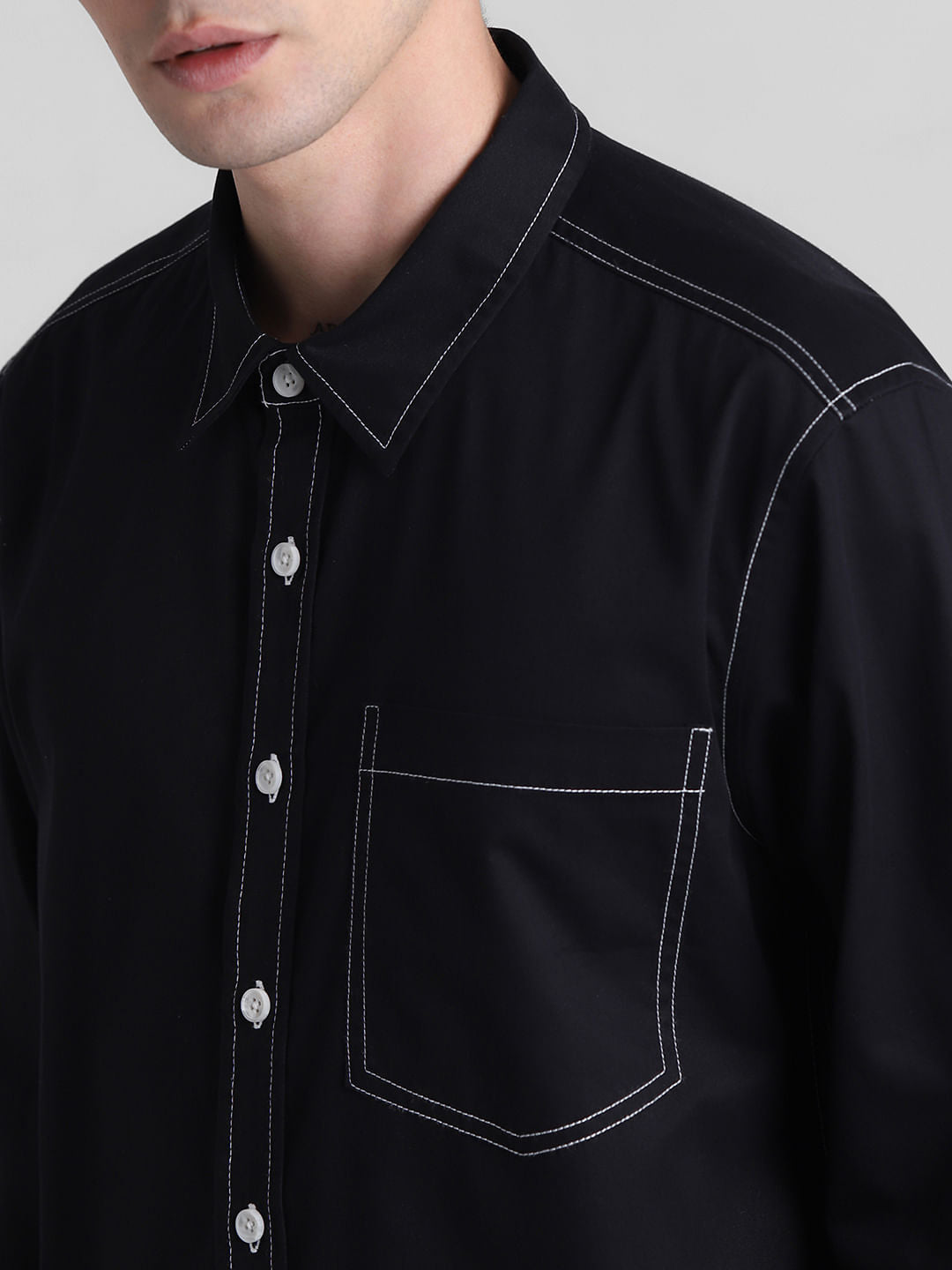 Black Contrast Stitch Full Sleeves Shirt