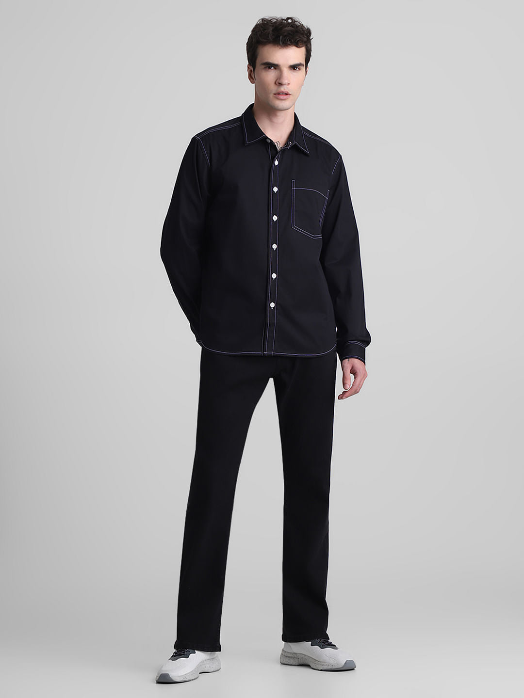 Black Contrast Stitch Full Sleeves Shirt