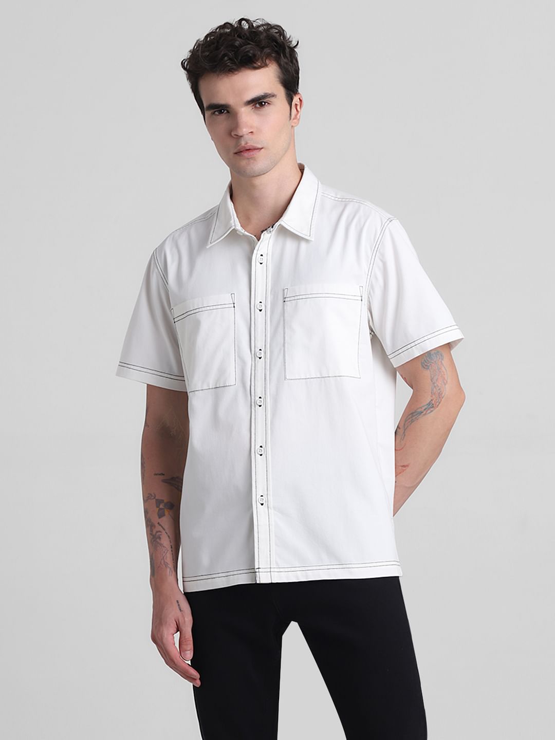 Beige Contrast Stitch Short Sleeves Shirt