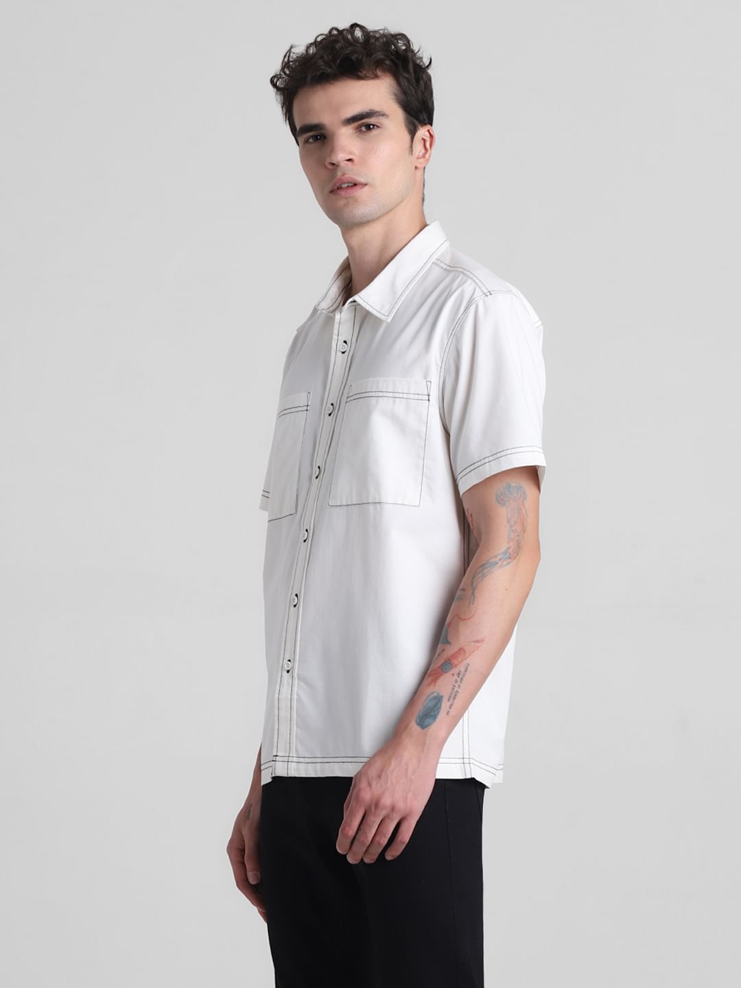 Beige Contrast Stitch Short Sleeves Shirt