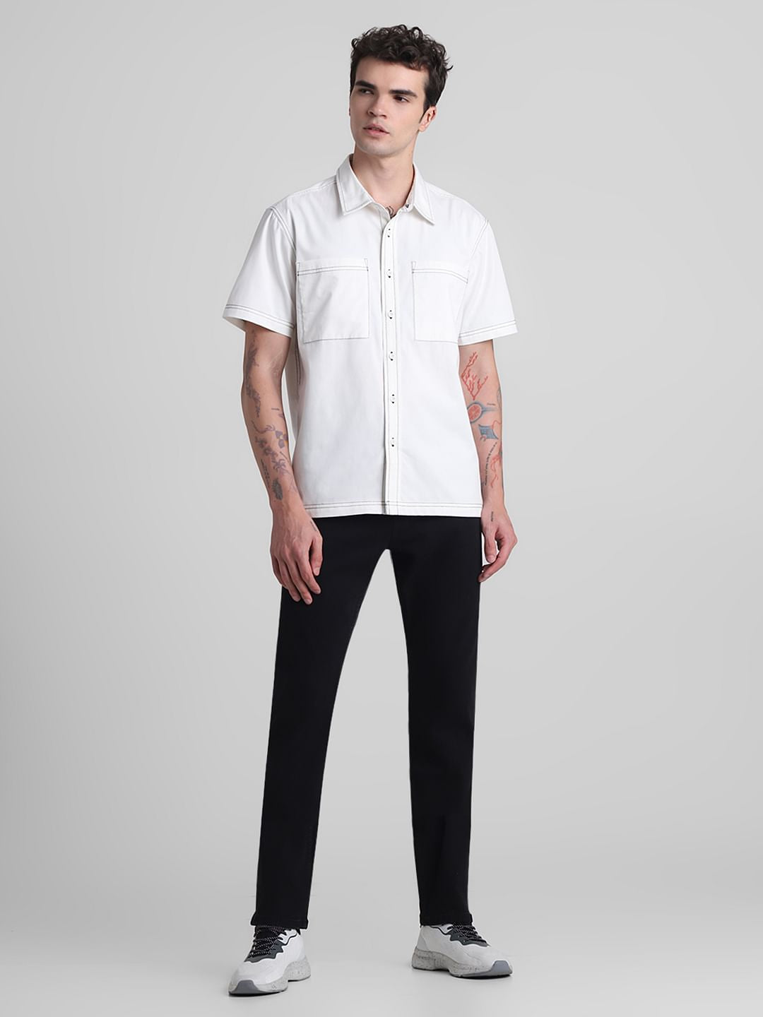 Beige Contrast Stitch Short Sleeves Shirt