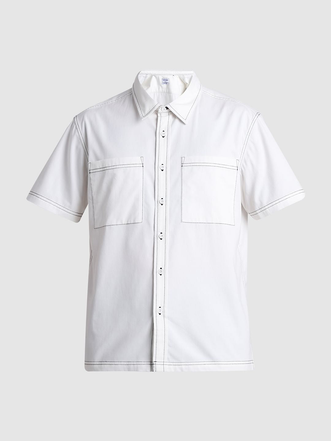 Beige Contrast Stitch Short Sleeves Shirt