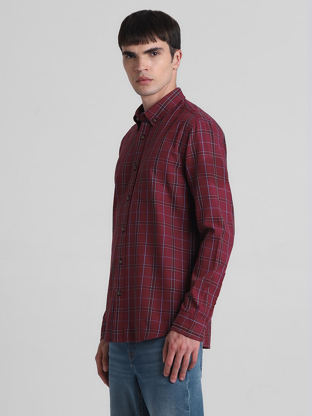 Red Cotton Check Full Sleeves Shirt