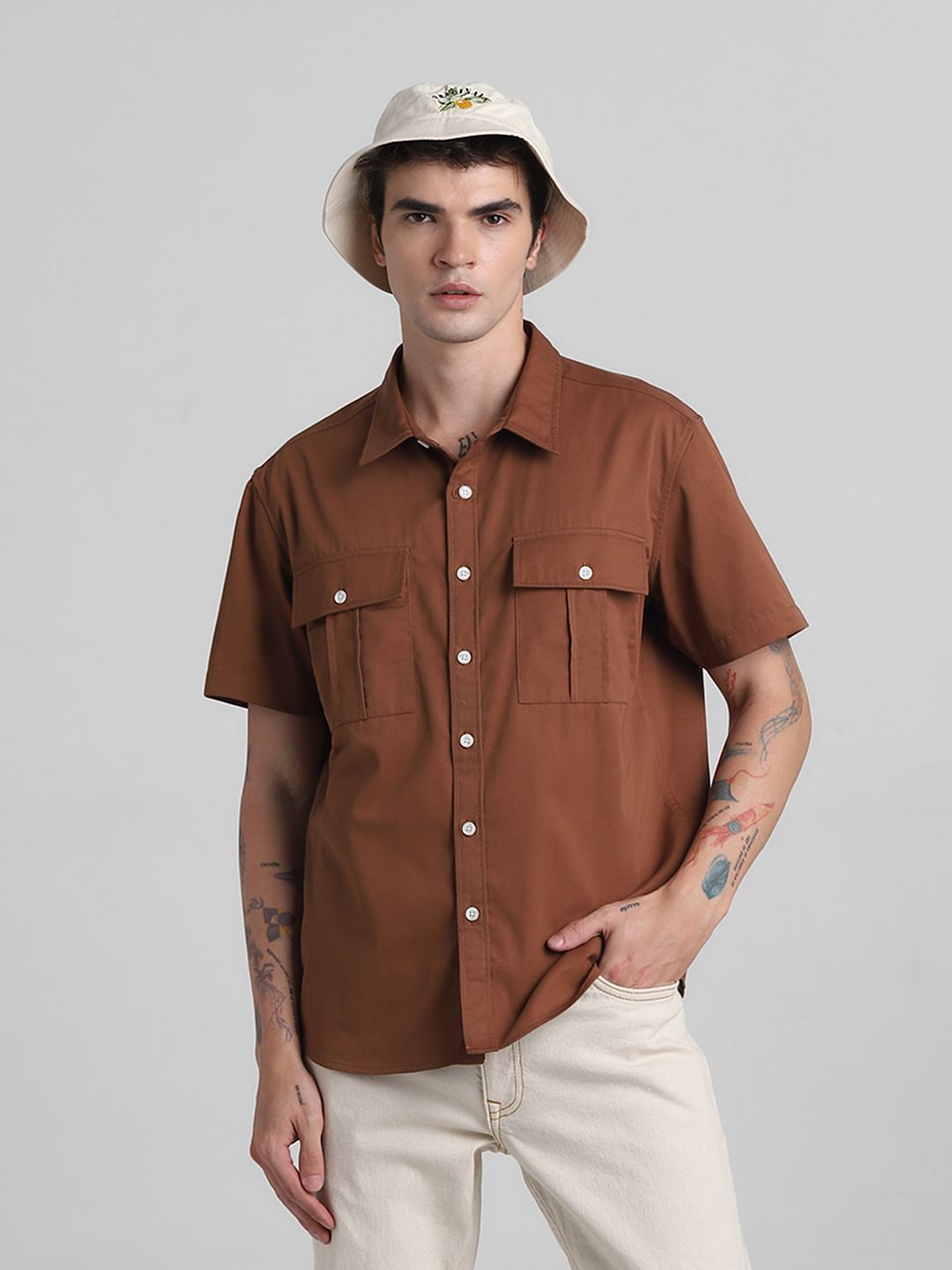 Brown Oversized Short Sleeves Shirt