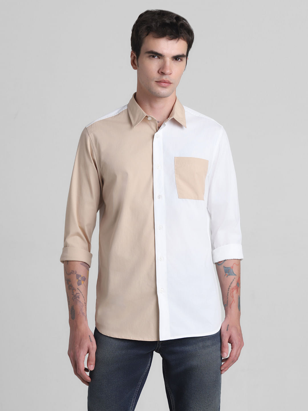 Brown Colourblocked Full Sleeves Shirt
