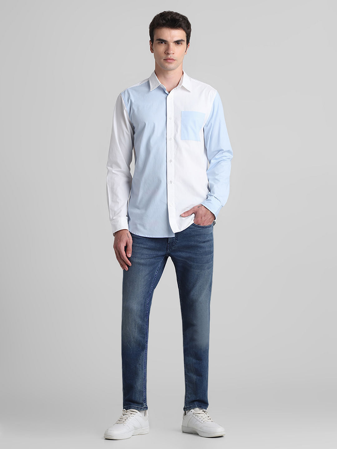 Blue Colourblocked Full Sleeves Shirt