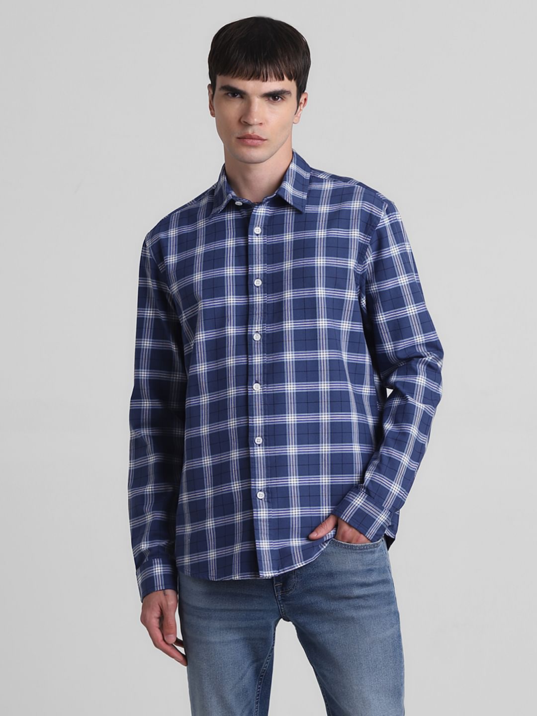 Blue Cotton Check Full Sleeves Shirt