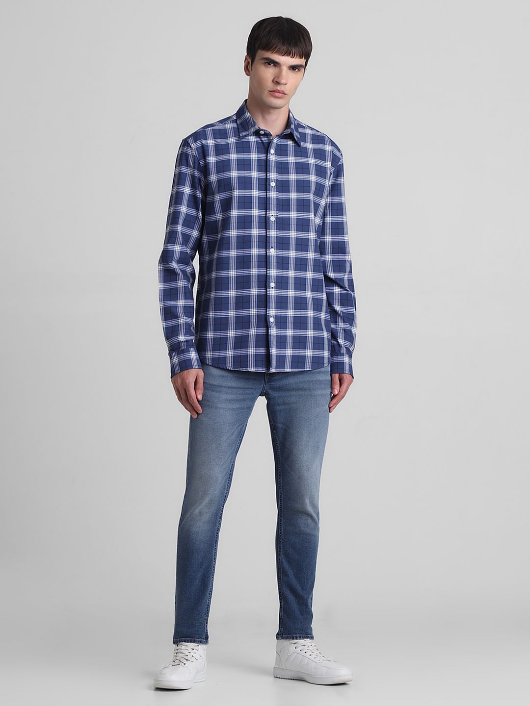 Blue Cotton Check Full Sleeves Shirt