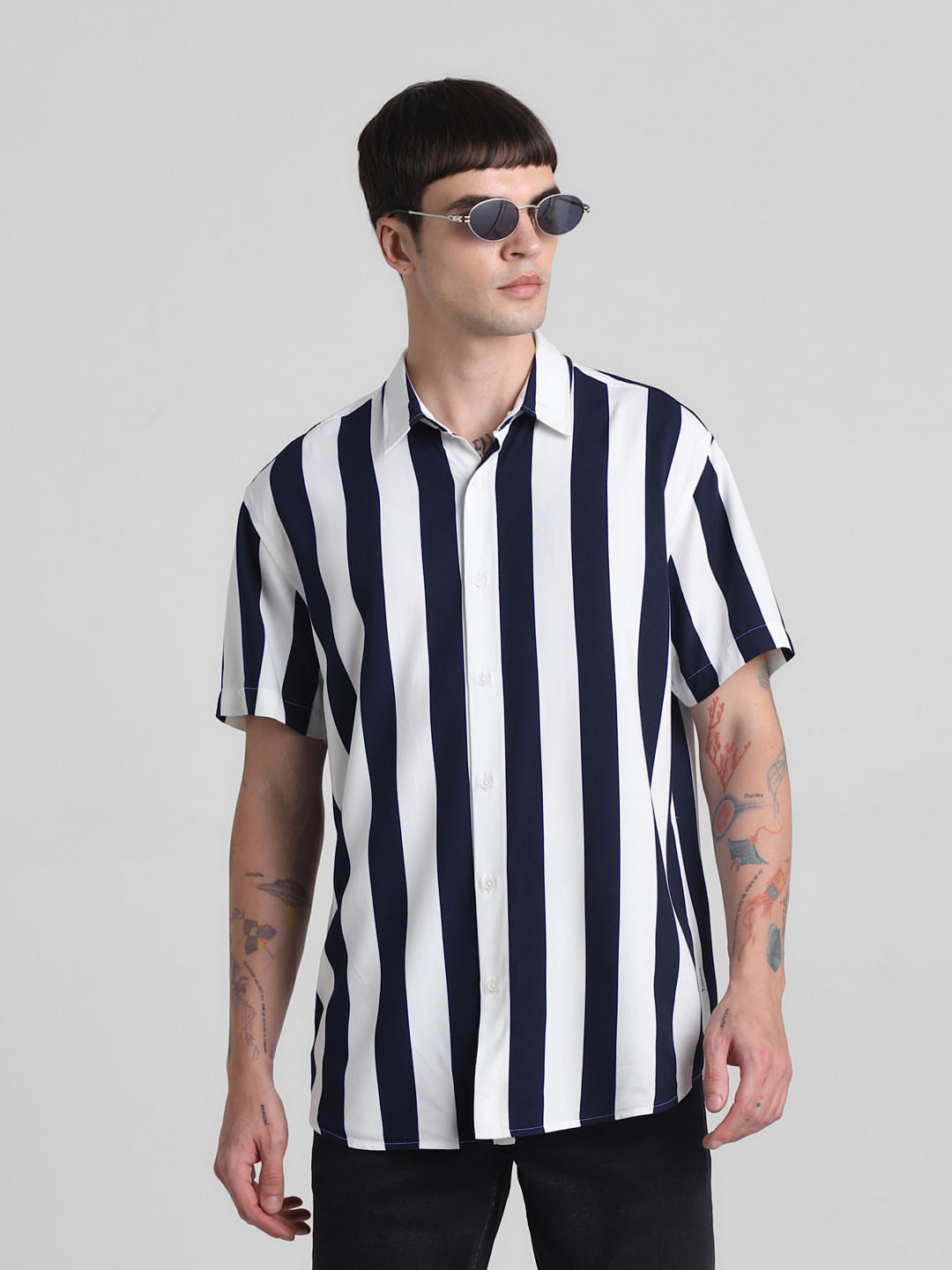 Dark Blue Striped Short Sleeves Shirt