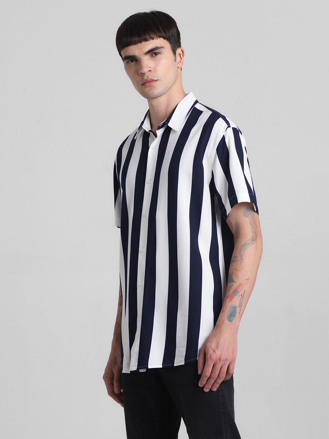 Dark Blue Striped Short Sleeves Shirt