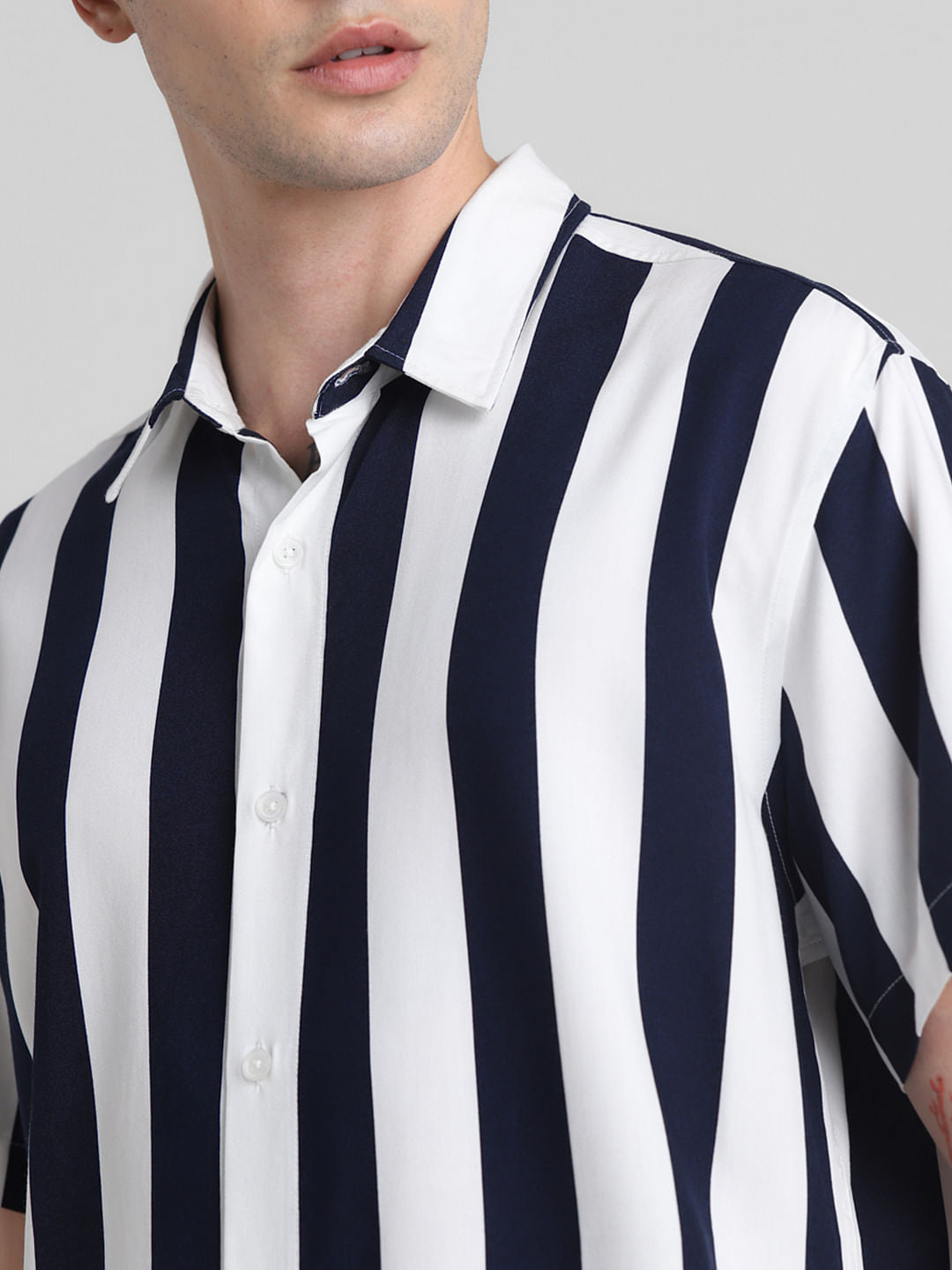 Dark Blue Striped Short Sleeves Shirt