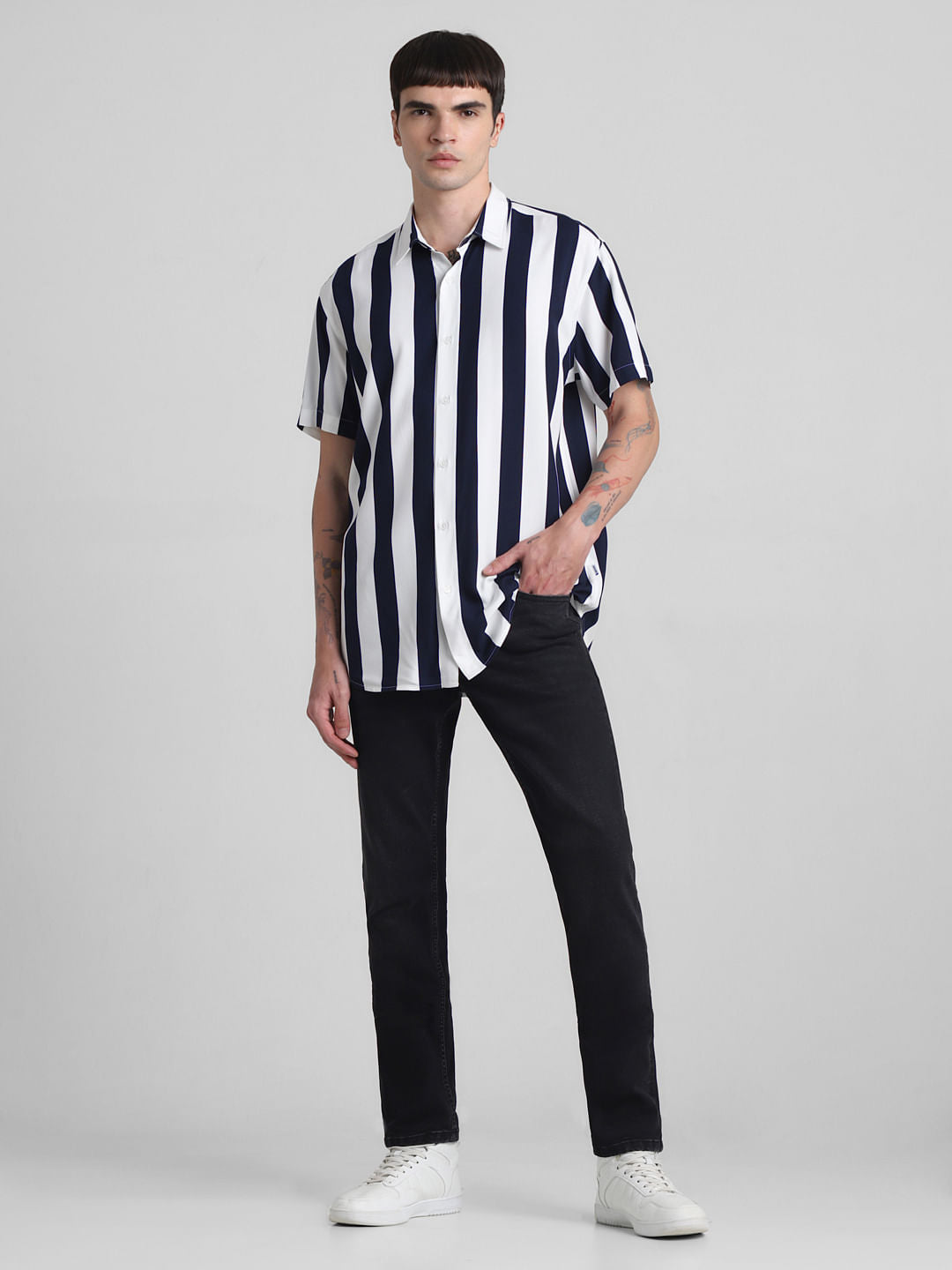 Dark Blue Striped Short Sleeves Shirt