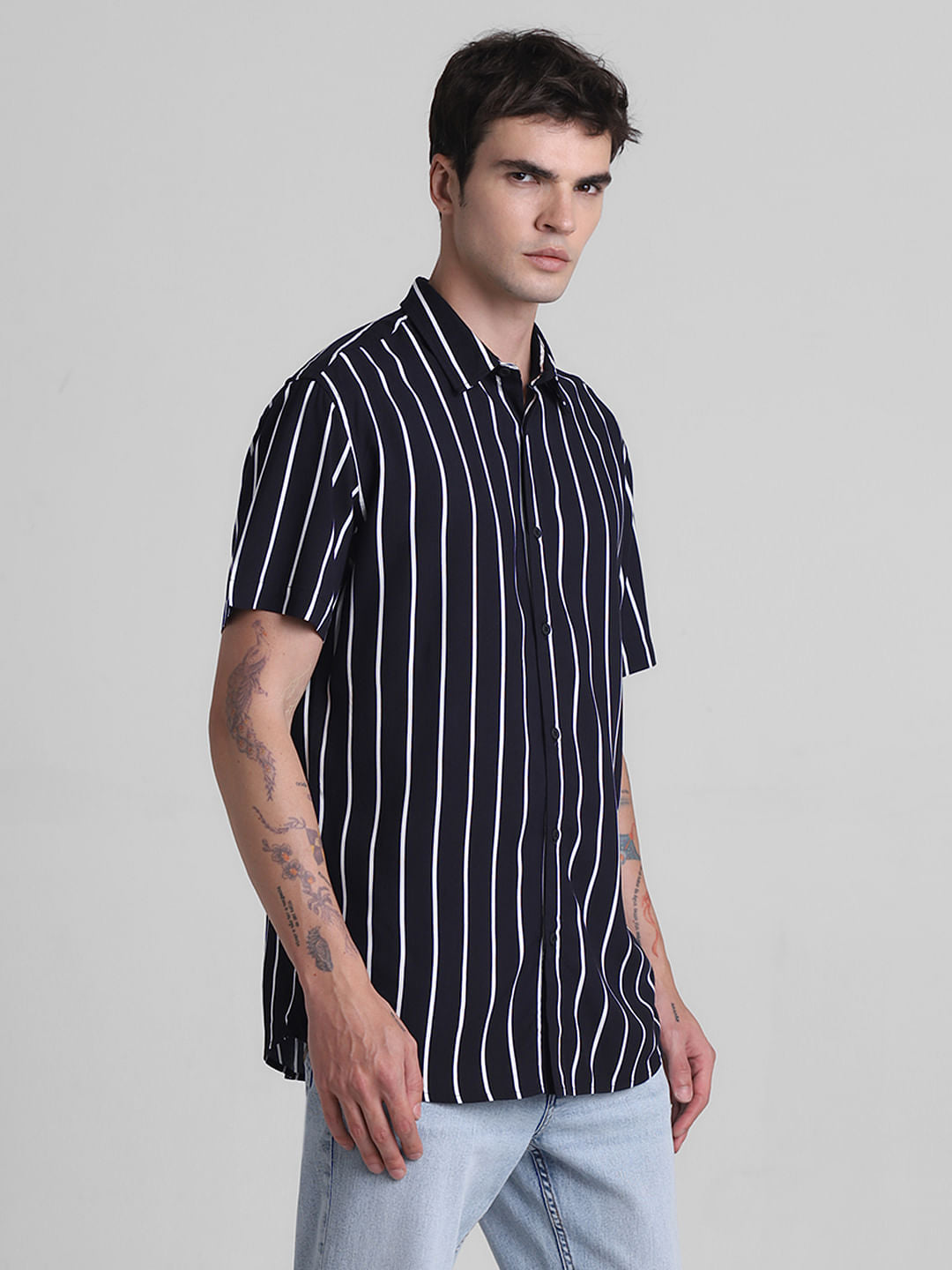 Black Striped Cotton Short Sleeves Shirt