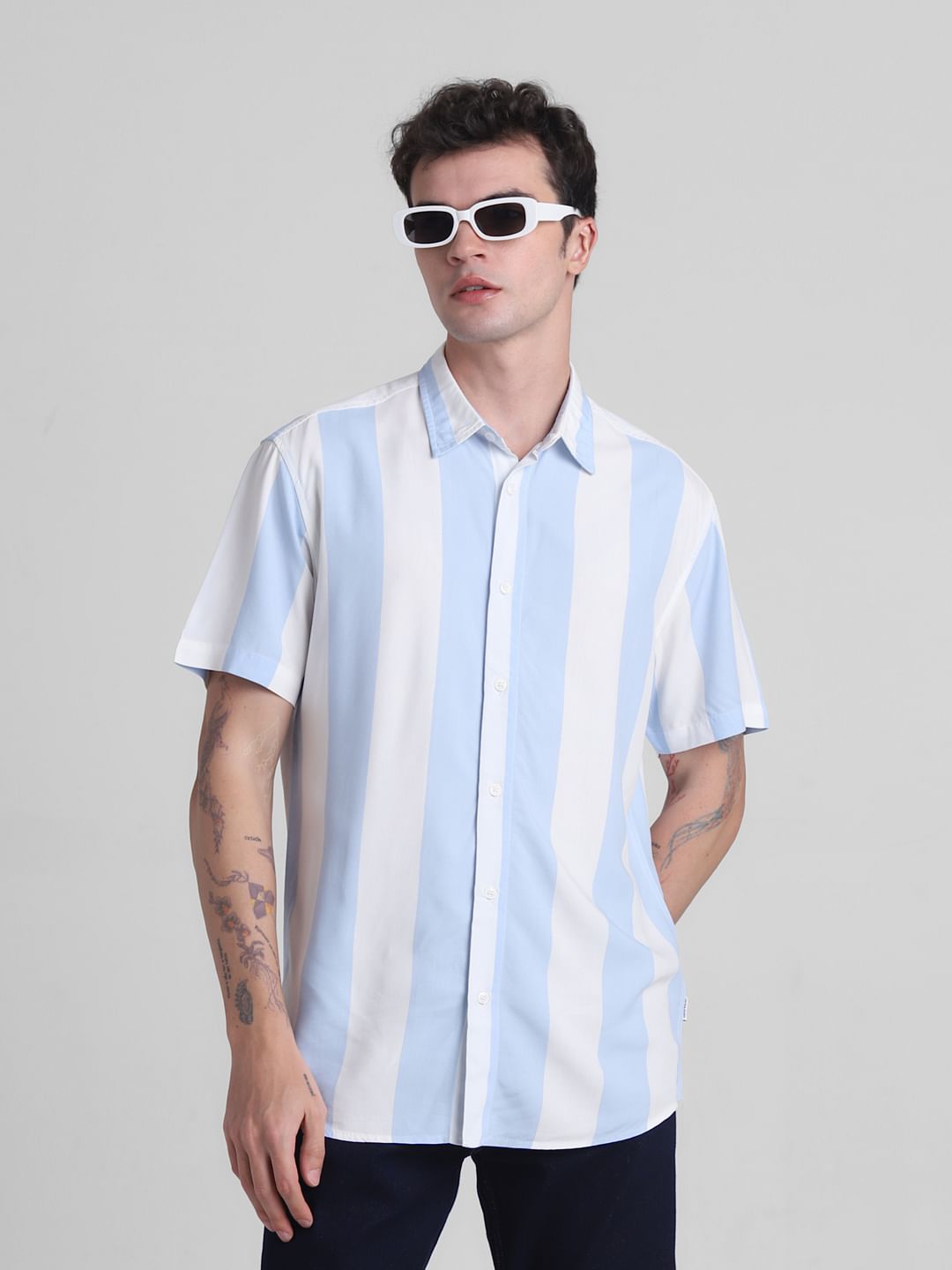 Blue Striped Short Sleeves Shirt