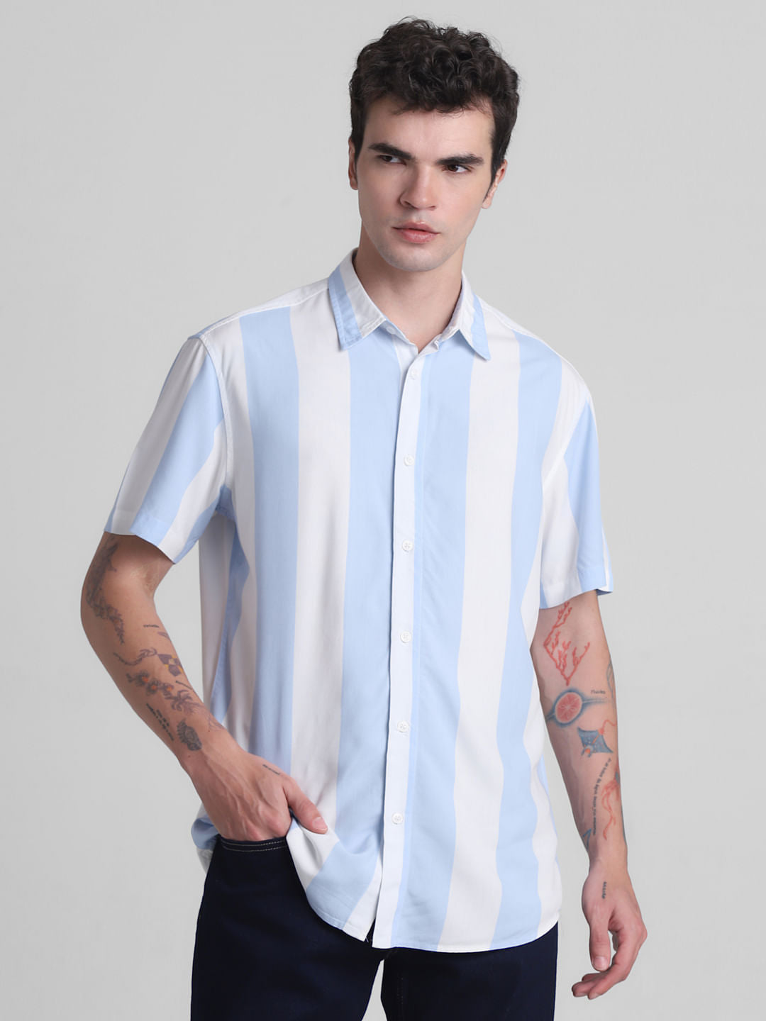 Blue Striped Short Sleeves Shirt