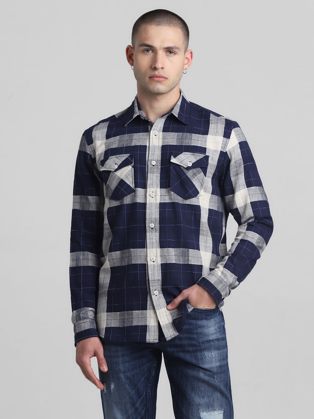Navy Blue Check Full Sleeves Shirt