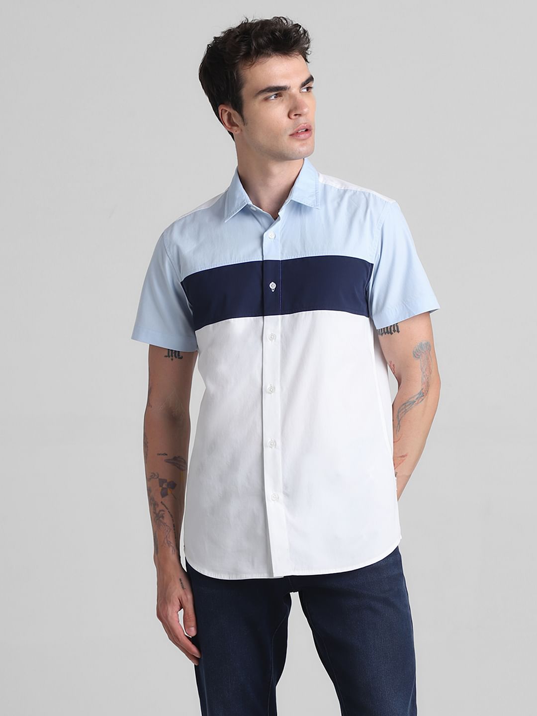 Blue Colourblocked Short Sleeves Shirt