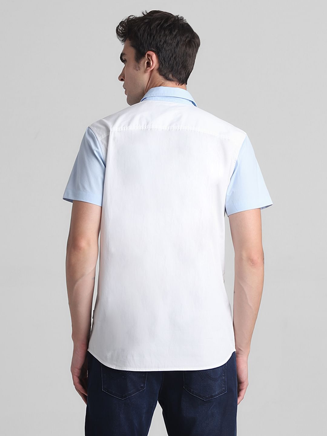 Blue Colourblocked Short Sleeves Shirt