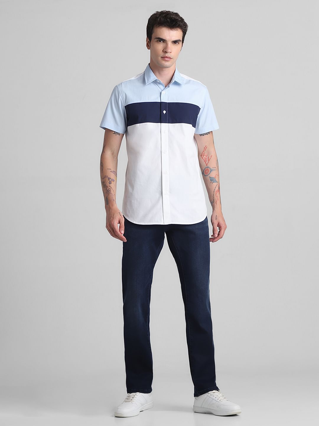 Blue Colourblocked Short Sleeves Shirt