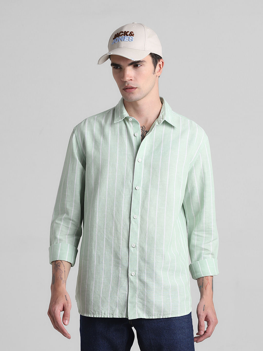 Green Striped Full Sleeves Shirt