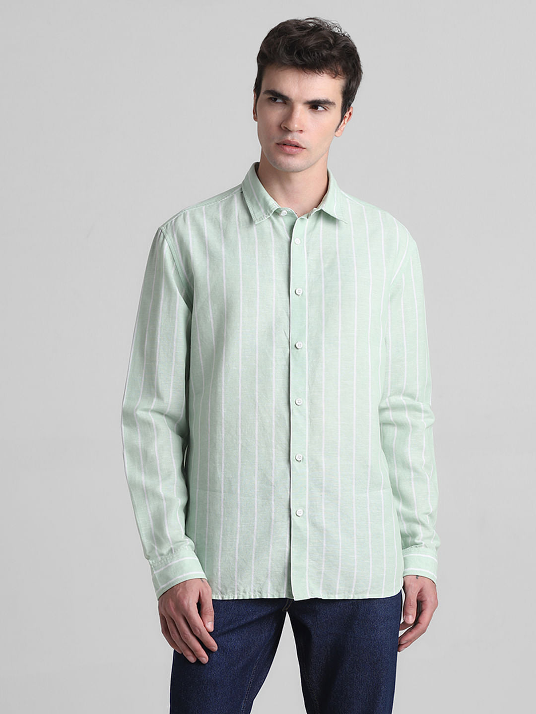 Green Striped Full Sleeves Shirt