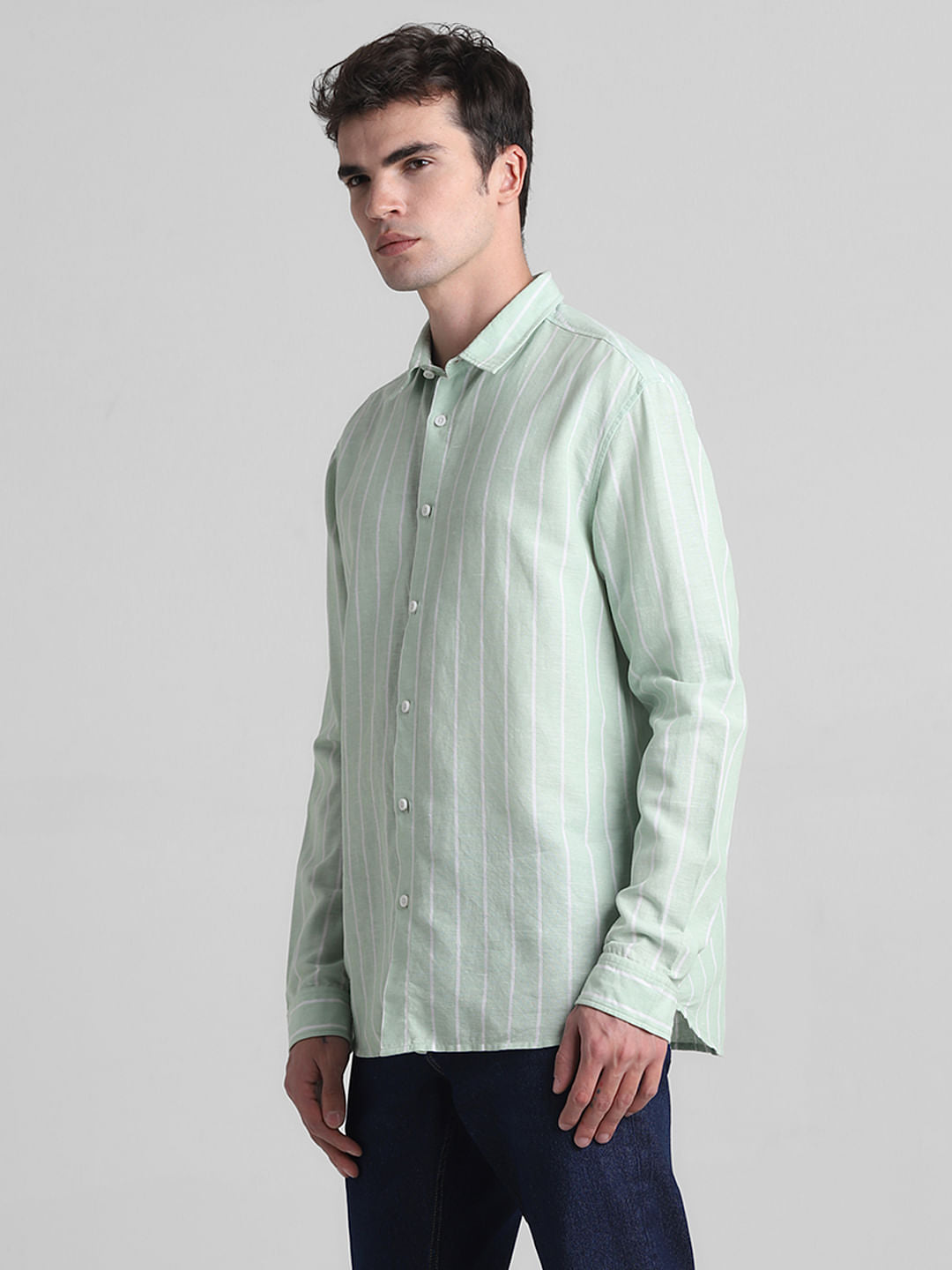 Green Striped Full Sleeves Shirt
