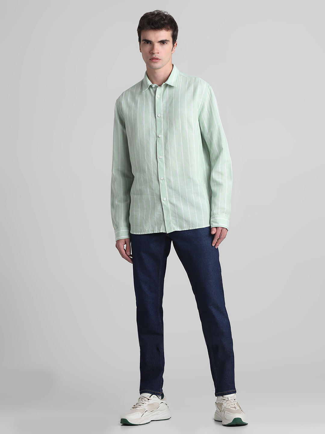 Green Striped Full Sleeves Shirt