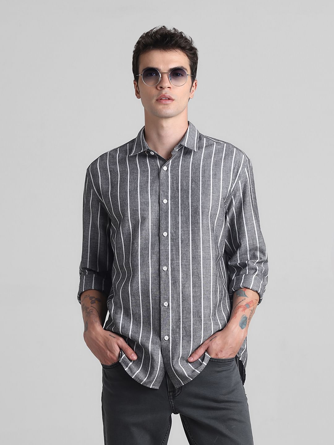 Grey Striped Full Sleeves Shirt