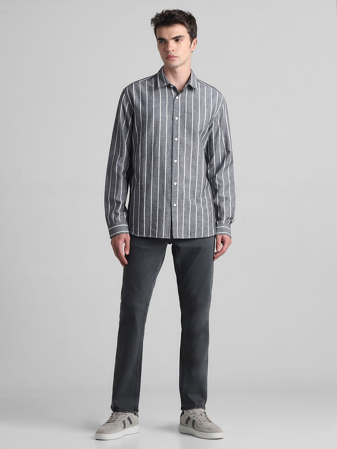 Grey Striped Full Sleeves Shirt
