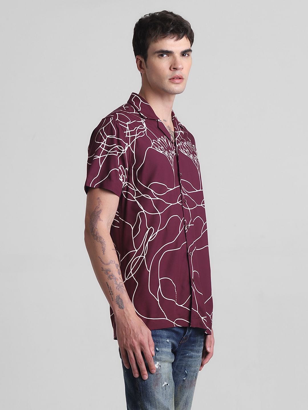 Wine Printed Short Sleeves Shirt