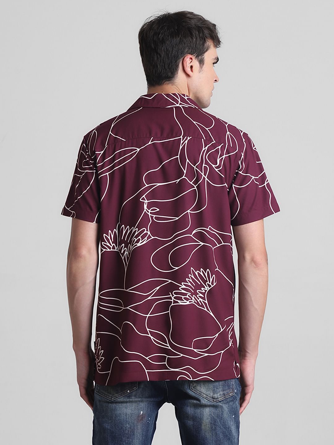 Wine Printed Short Sleeves Shirt