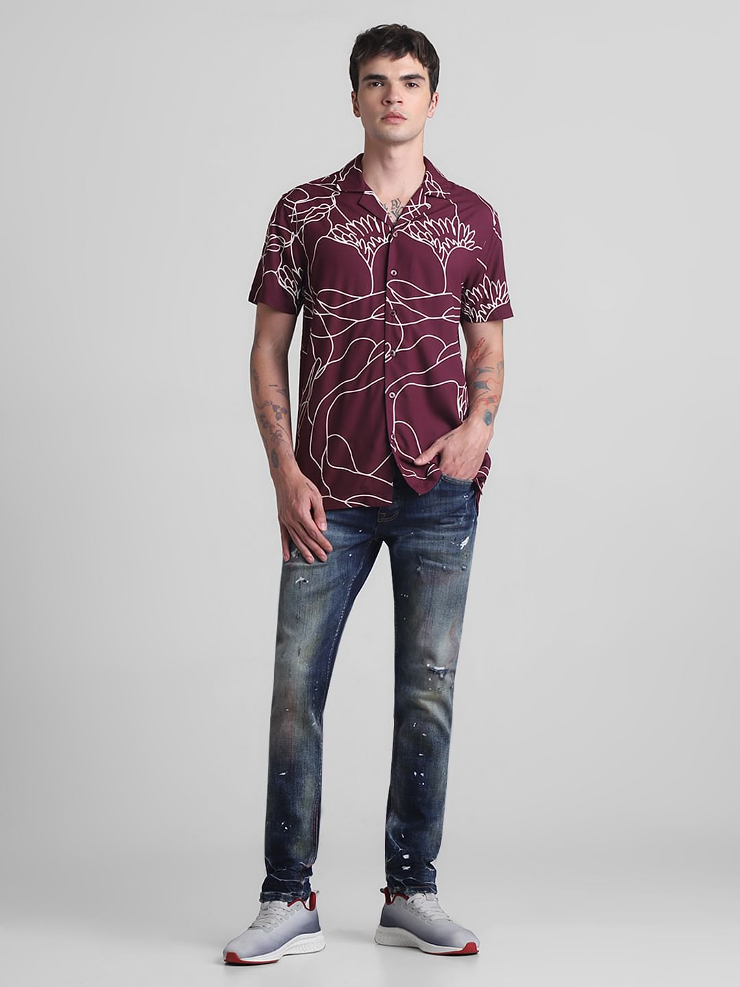 Wine Printed Short Sleeves Shirt