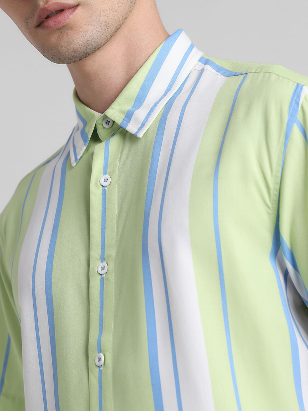 Green Striped Short Sleeves Shirt