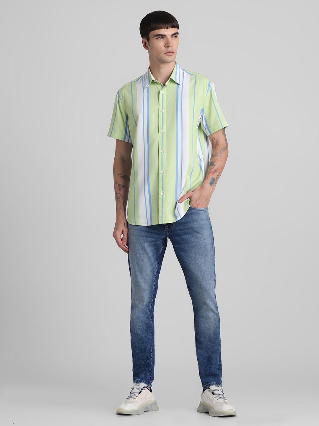Green Striped Short Sleeves Shirt