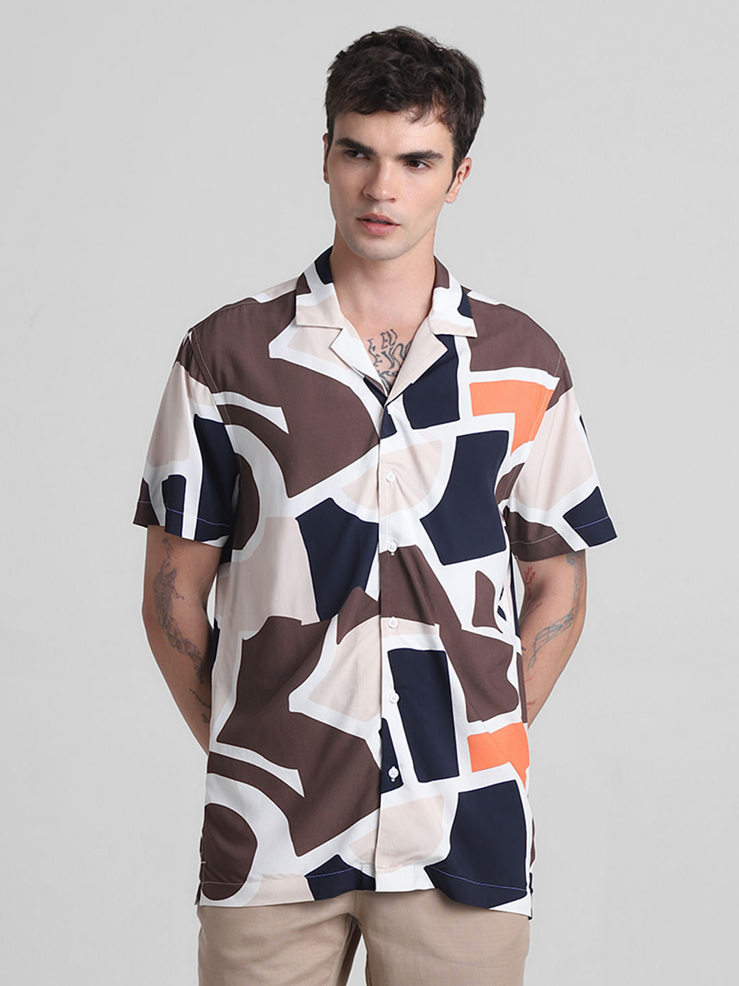 Brown Printed Short Sleeves Shirt