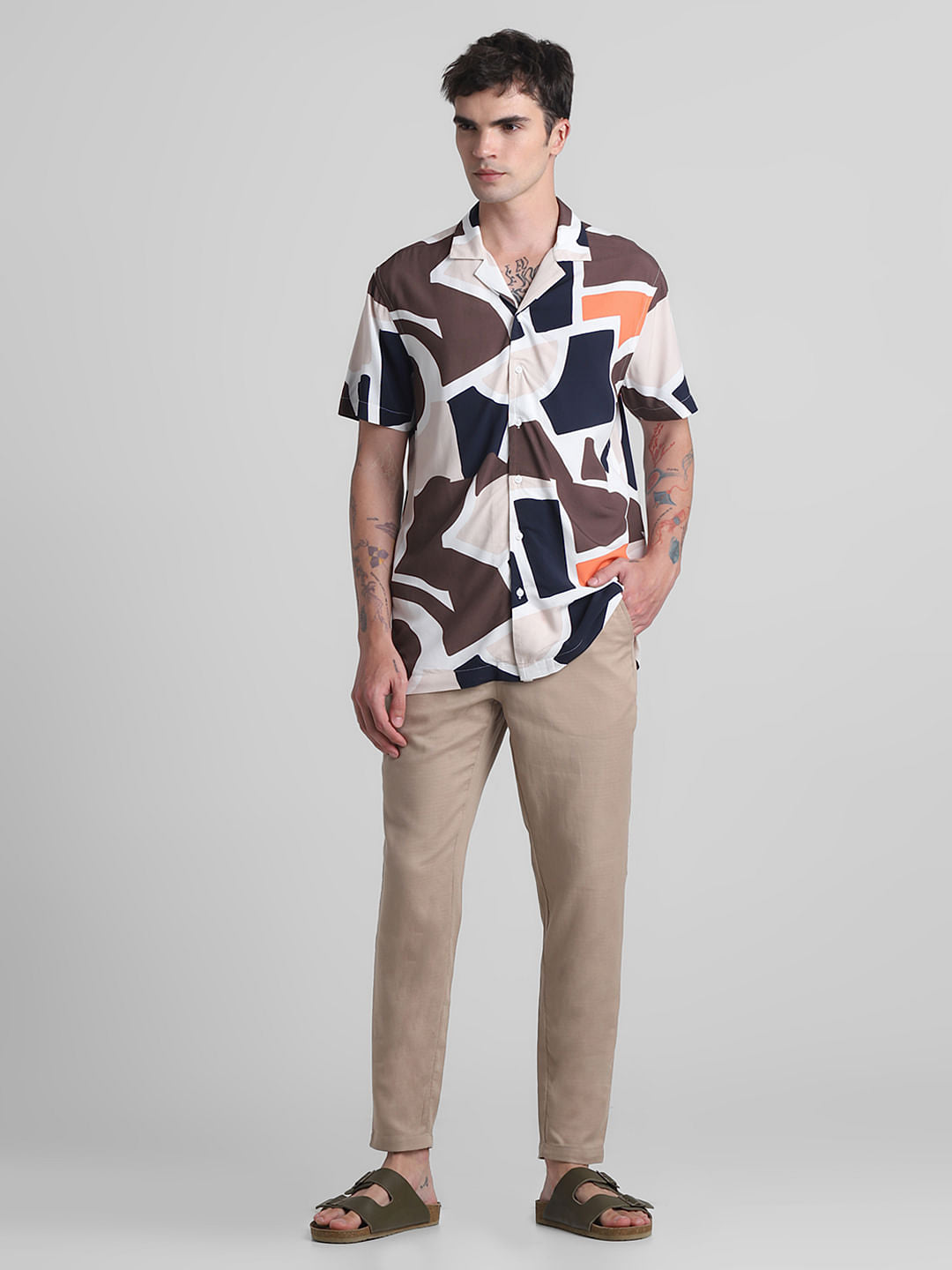 Brown Printed Short Sleeves Shirt