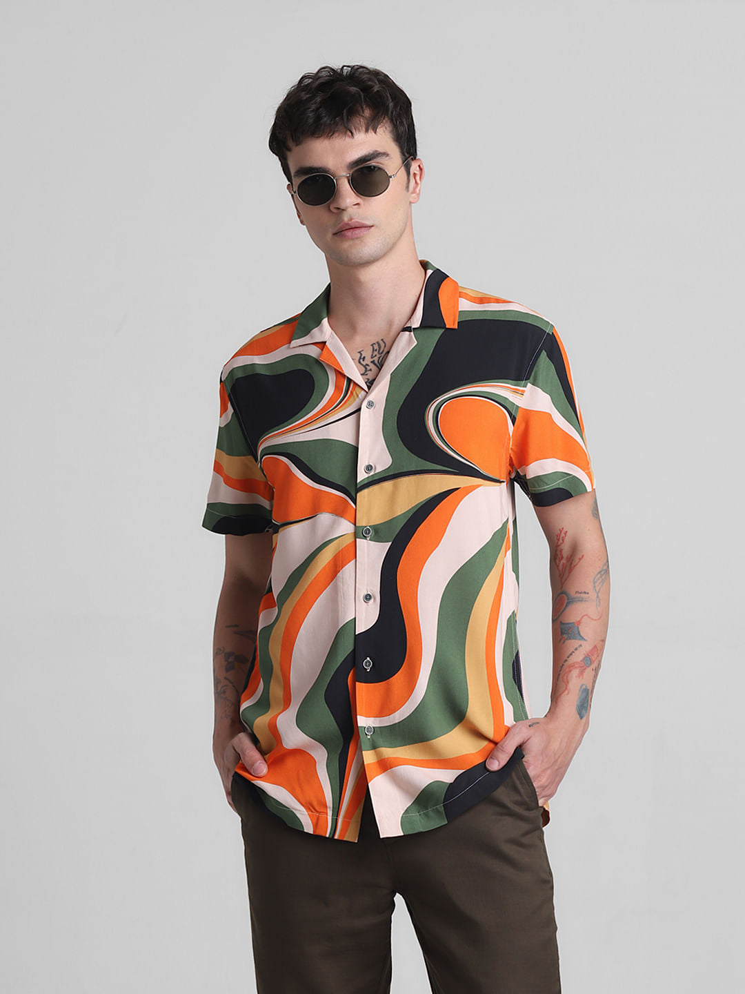 Orange Printed Short Sleeves Shirt