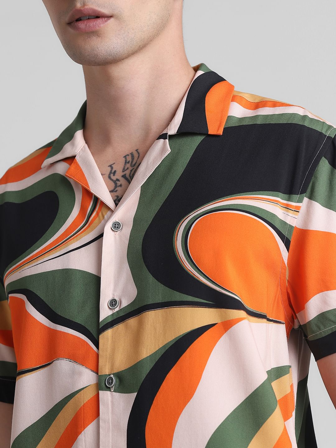 Orange Printed Short Sleeves Shirt