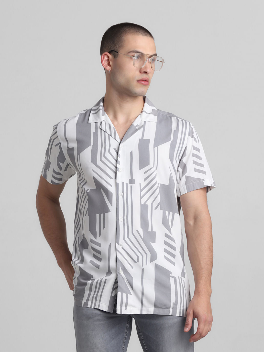 White Abstract Print Short Sleeves Shirt