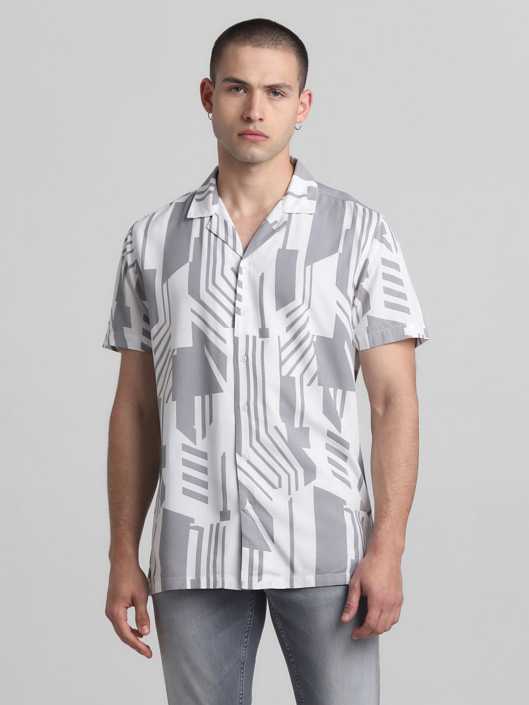White Abstract Print Short Sleeves Shirt