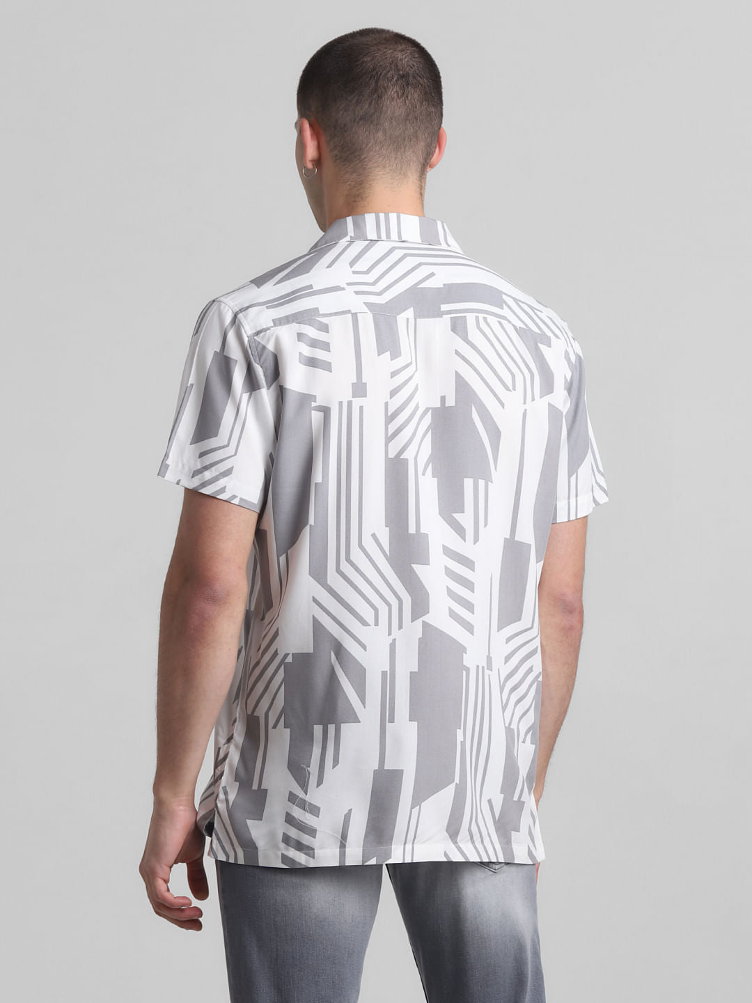 White Abstract Print Short Sleeves Shirt