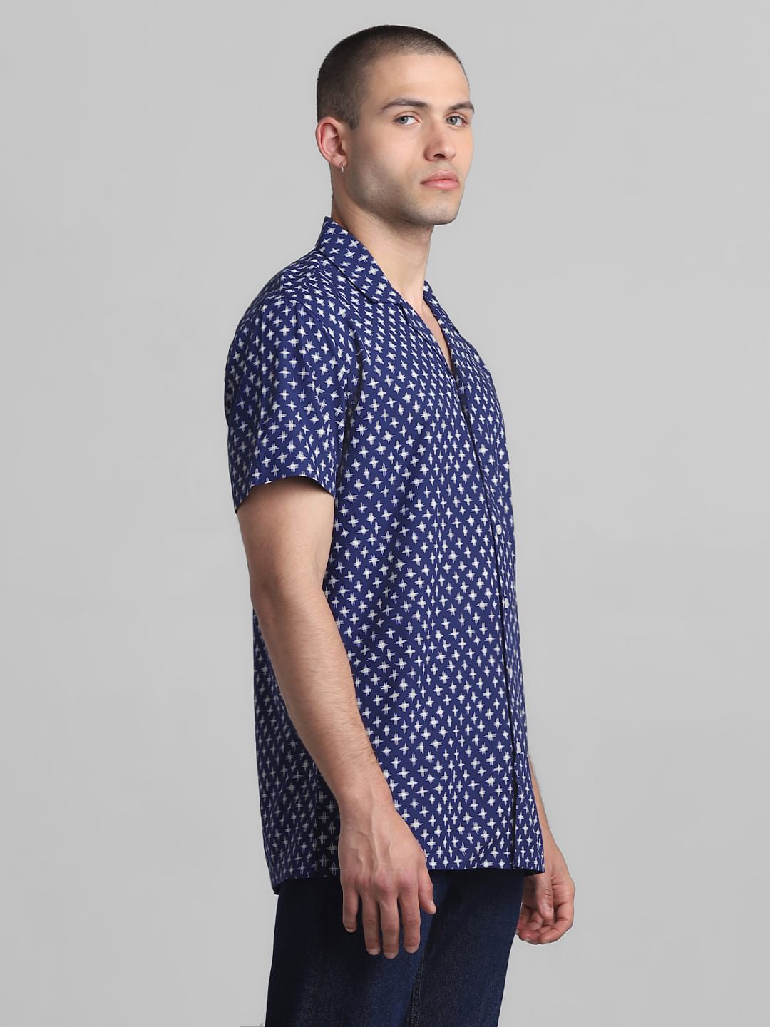 Blue Printed Short Sleeves Shirt