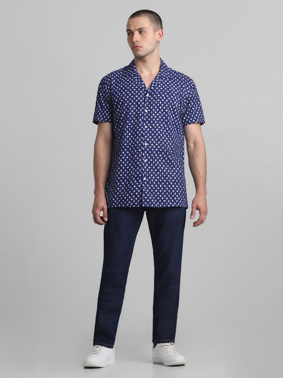 Blue Printed Short Sleeves Shirt