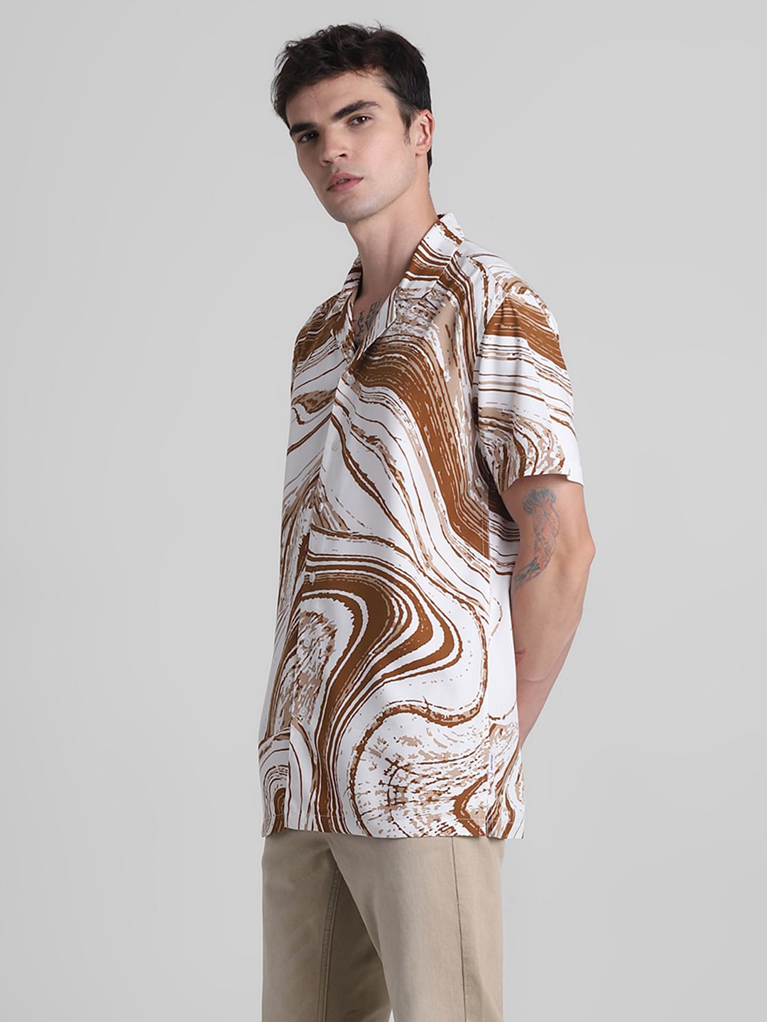 Brown Abstract Print Short Sleeves Shirt