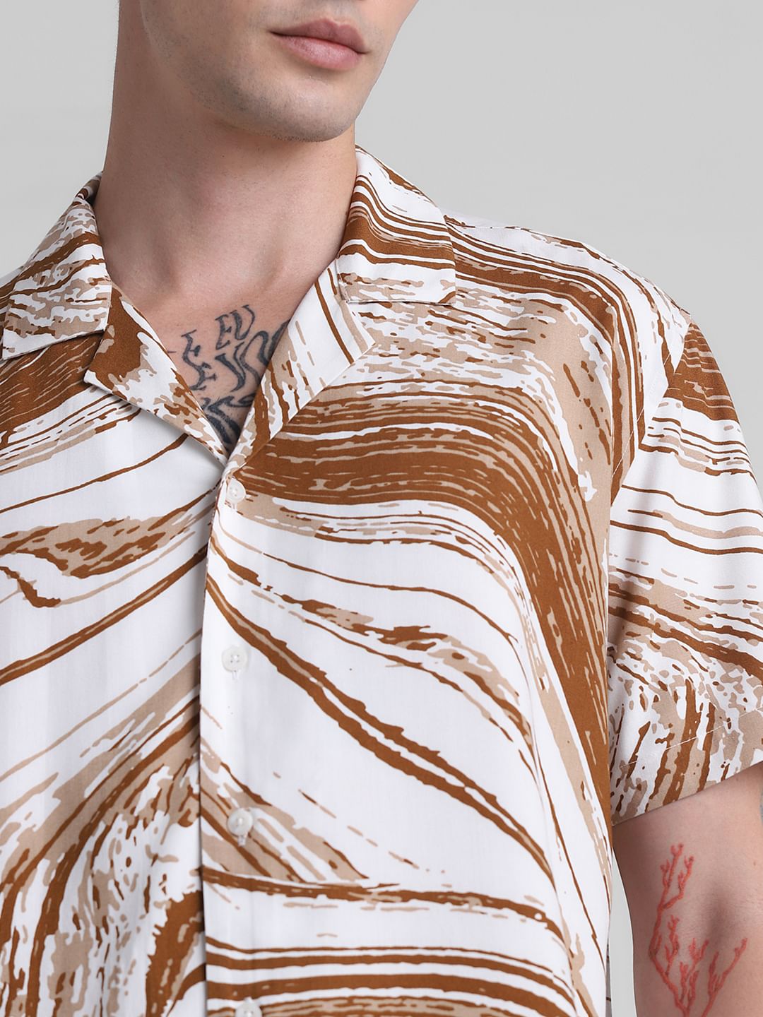 Brown Abstract Print Short Sleeves Shirt